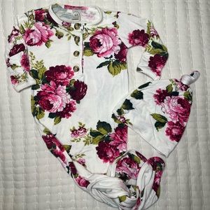 LOU LOU bamboo floral knotted gown and top knot hat